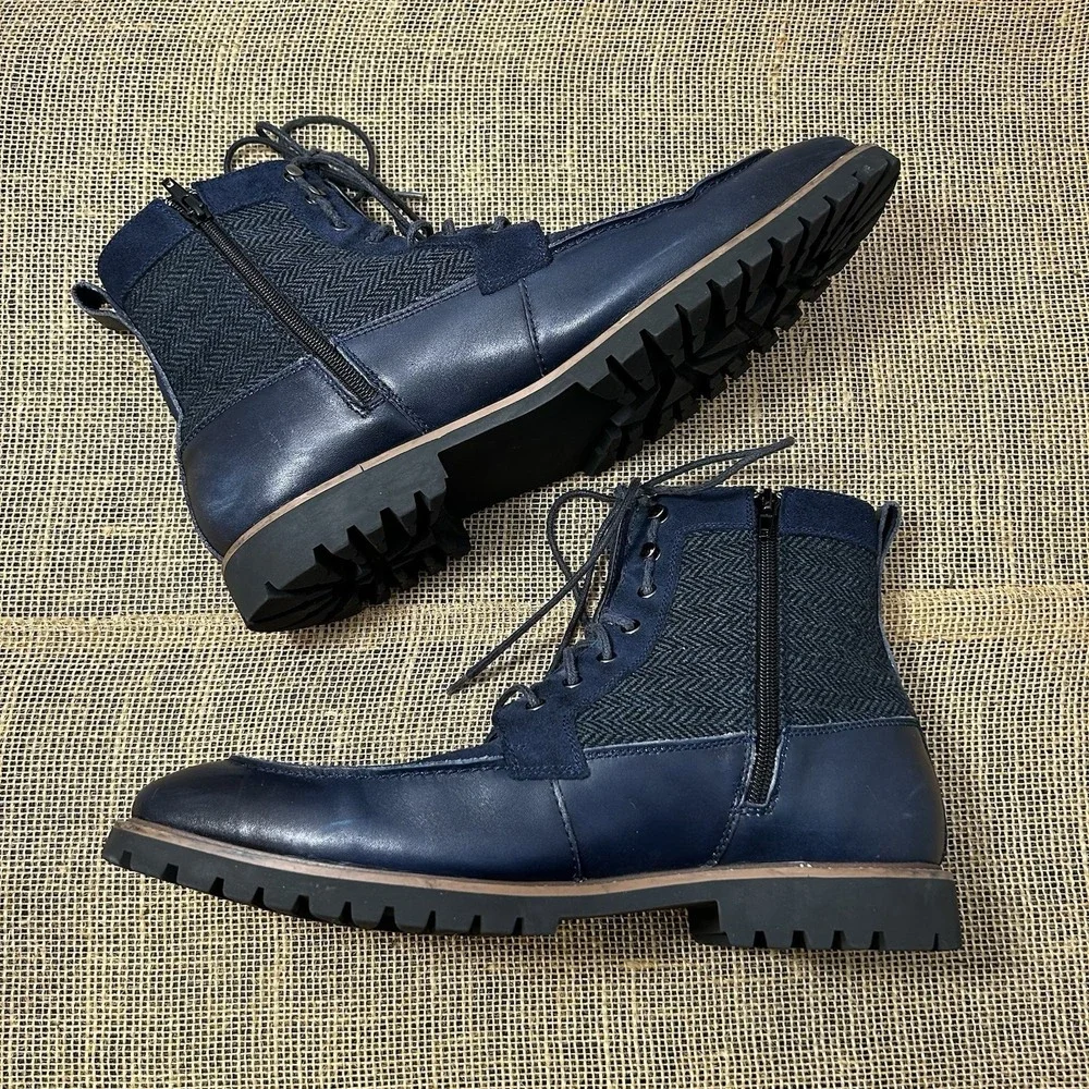 La Milano Hearth Mens Navy Leather Suede Herringbone Lace Up Boots 8521145K 12